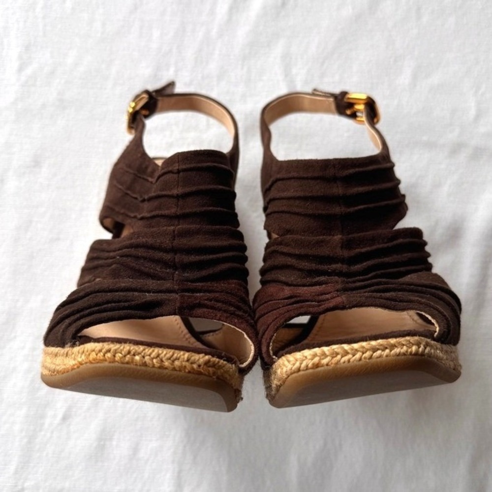 Prada Brown Suede Espadrille Wedge Sandals Slingback Ruched Italian Size 38.5 - Picture 3 of 9
